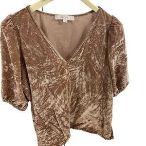 Loft Emerald Beige Nude Crushed Velvet Blouse Puff Sleeve Sz S Top Layers